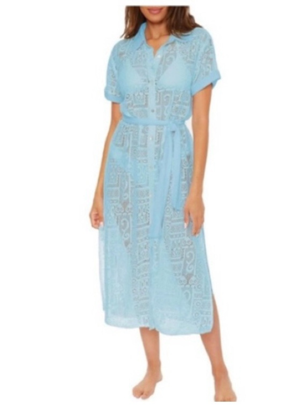 BECCA Gauzy Cotton Cover Up Dress Blue Lace Collared Button-up New With Tags